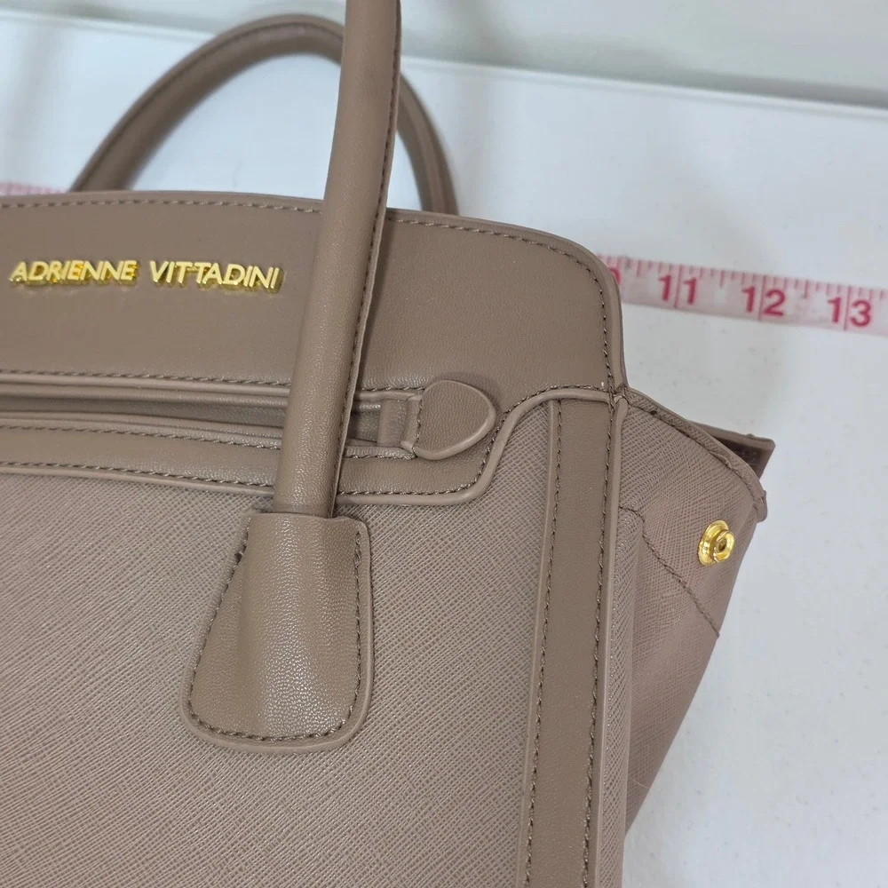 Adrienne Vittadini Taupe Saffiano Faux Leather Satchel‎ Handbag Gold Hardware
